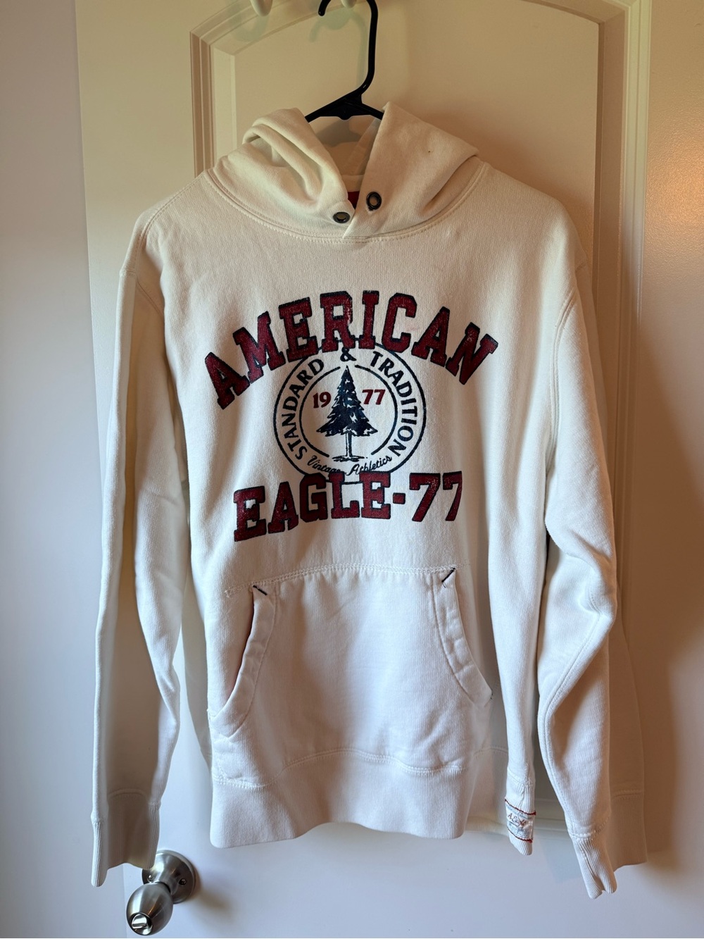American Eagle Outfitters Cream Hoodie with Red & Navy Logo